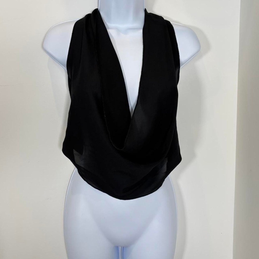 Musera Black sheer backless cowl neck halter top with tie detail Size S